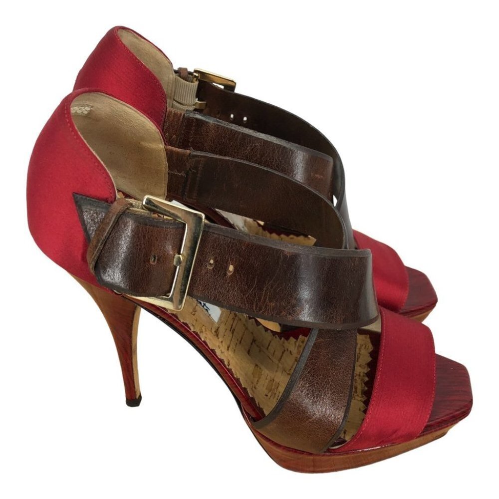 Oscar De La Renta Red Satin Brown patent leather buckle Platform Stilettos 37 - Picture 14 of 14